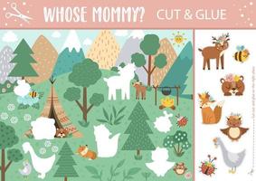 Vector Mothers day cut and glue activity. Holiday educational crafting game with wild baby animals and their mommies in the forest. Fun spring printable worksheet for kids. Whose mother page