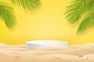 Summer beach mock up with podium for product display in fresh yellow background vector