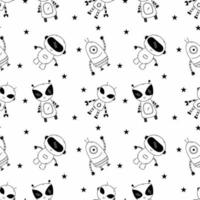 Seamless pattern for sewing children clothes. Cute robot in doodle style. Coloring book. Endless wallpaper in nursery. Background for printing on fabric and wrapping paper. vector