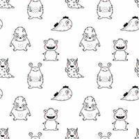 Seamless pattern with cute monster. Wallpaper in nursery. Background for printing on fabric and wrapping paper. Vector doodle illustration in hand drawn style.