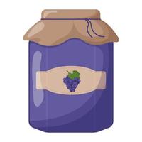 Glass jar of grape jam with closed lid. Cute vector illustration