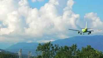 rusia, 26 de mayo de 2021, un avión de pasajeros verde aterriza acercándose al aeropuerto por encima de las líneas de alto voltaje y se esconde detrás de los árboles contra el cielo nublado tiro de ángulo bajo