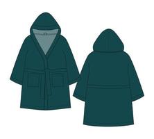 Bathrobe technical sketch. Hooded bathrobe with pocket and belt. Green color. vector