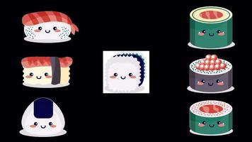 Colección de kawaii de sushi animado lindo de vector de 7 paquetes en pantalla verde