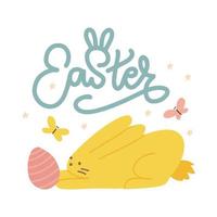 Cozy Easter bunny touching a pink egg. Sweet yellow rabbit with cute lettreing text . Flat hand drawn vector illustration.