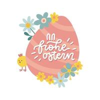 Frohe ostern - Happy Easter text lettering in german language on big paschal egg decorated with spring flowers. Vector flat hand drawn illustration for greeting holiday card.