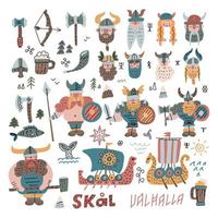 Big Set with many hand drawn vikings, faces, equipment and ships in flat cartoon style. Funny vector illustration for kids. Viking boat norway drakkar doodle icons with hand scandinavian lettering.