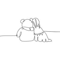 Single line drawing beautiful little girl hugging big teddy bear, sitting on floor. Little girl playing with her soft toy. Continuous one line draw design vector illustration