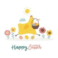 Greeting card - Cute hen carrying her eggs in backet. Happy Ester hent, concept of farm products. Funny chicken character. Hand drawn flat vector illustration isolated on white