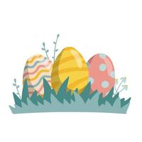 Happy Easter composition. Tree Easter eggs with different texture on the grass. Bright eggs on a glade. Flat vector hand drawn illustration.