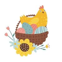 The hen sits in a nest made of basket with colored eggs. Easter isolated concept with flowers. Vector flat hand drawn illustration.