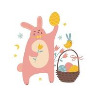 Rabbit holdingess, yellow chicken wearing easter bunny ear, basket with eggs, polka dot egg. Concept of happy Easter symbols in flat hand drawn vector style