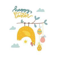 Spring holiday greeting card - Hanging easter chicken and colord eggs on terr branch. Funny Vector flat hand drawn illustration with linear lettering.