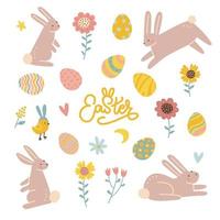 Set of elements for Easter holiday. Little rabbits, flowers and eggs isolated on white background. Flat vector hand drawn illustration.