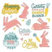 Set of pink rabbit characters and design elements for Easter holiday. Easter bunny, carrots, lettering happy easter, egg, stars and other vector hand drawn elements.