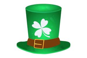 Saint Patrick top hat in green color with clover leaf and decorations in cartoon style isolated on white background. Vector illustration