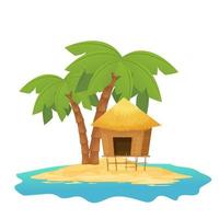 Beach hut or bungalow with straw roof, wooden on tropic island with palm tree in cartoon style isolated on white background. Bamboo cabin, small house exotic object. Vector illustration