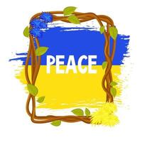 Ukrainian flag, National flag from flowers text Peace with two colors blue and yellow, frame from sticks with leaves in cartoon style. Elements for design. . Vector illustration