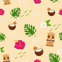 Bright summer Hawaiian seamless pattern. Exotic, holiday elements, vacation objects. Editable fabric, trendy. Tiki mask and torch, palm and exotic flower. Vector illustration