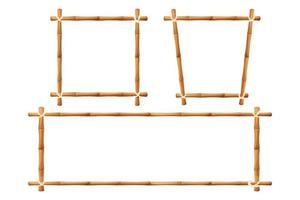 Set of bamboo frames in cartoon style isolated on white background. Empty banner, border from natural wood, sticks with rope stock vector illustration. Vector illustration