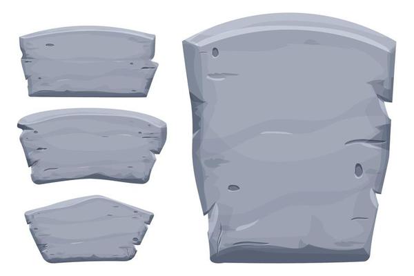 Set of Stone tablet, rock banner with cracked elements in cartoon style isolated on white background. Grey frame, block boulder for interface ui games. Vector illustration