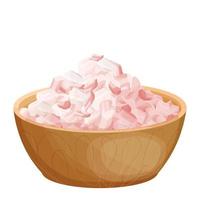 Himalayan pink salt pile, grain mineral spice in wooden bowl in cartoon style isolated on white background. Organic, natural ingredient. Vector illustration