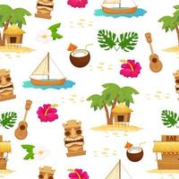 Bright summer Hawaiian seamless pattern. Exotic, holiday elements, vacation objects. Editable fabric, trendy. Tiki mask and torch, palm and exotic flower. Vector illustration