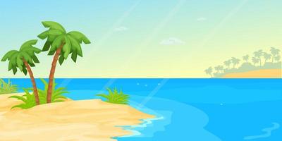 playa de paisaje marino tropical con mar, arena en estilo de dibujos animados. banner horizontal, costa exótica de vacaciones de verano. escena tranquila y relajante. ilustración vectorial vector