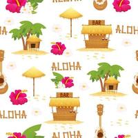 Bright summer Hawaiian seamless pattern. Exotic, holiday elements, vacation objects. Editable fabric, trendy. Tiki mask and torch, palm and exotic flower. Vector illustration