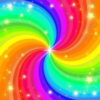 Rainbow swirl background with stars. Radial gradient rainbow of twisted spiral. Vector illustration.
