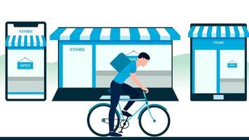 hombre con bicicleta, tienda creada en objetos como laptop móvil y tablet. Ilustración de vector de negocio de entrega sobre fondo blanco.