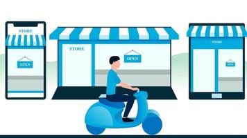 hombre con scooter, tienda creada en objetos como laptop móvil y tablet. Ilustración de vector de negocio de entrega sobre fondo blanco.