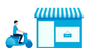 hombre con scooter en la tienda de recogida. Ilustración de vector de negocio de entrega sobre fondo blanco.