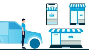 man with delivery van, store  created in objects like laptop mobile and tablet. delivery business vector illustration on white background.