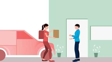 mujer entregando el paquete al cliente con furgoneta de entrega, ilustración de vector de negocio de entrega sobre fondo blanco.