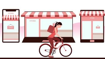 mujer con bicicleta, tienda creada en objetos como laptop móvil y tablet. Ilustración de vector de negocio de entrega sobre fondo blanco.