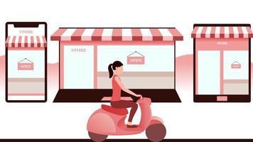 mujer con scooter, tienda creada en objetos como laptop móvil y tablet. Ilustración de vector de negocio de entrega sobre fondo blanco.