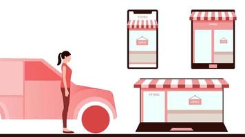 Woman with delivery van, store  created in objects like laptop mobile and tablet. delivery business vector illustration on white background.