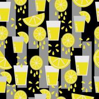 Lemon slices with glasses with juice seamless pattern, citrus splashes and geometric shapes on a black background vector