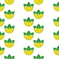 lemon halves and green leaves seamless pattern, yellow citruses in vertical rows on a white background vector