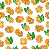 Juicy oranges seamless pattern, bright citrus fruits whole and halves with green leaves on a white background vector