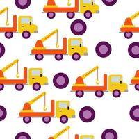 Tow truck in flat style seamless pattern, car assistant and stylized wheels on a white background vector