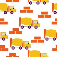 Concrete mixer machine seamless pattern, construction machinery and bricks on a white background vector