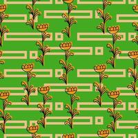 Seamless pattern of contour doodle flowers with orange silhouette and rectangles on a green background vector