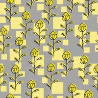 Seamless pattern of contour doodle flowers with yellow silhouette and squares on a gray background vector