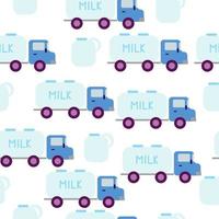 Milk tanker and milk cans seamless pattern, milk delivery machine on white background vector