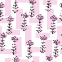 Seamless pattern of contour doodle flowers with pink silhouette and rectangles on a white background vector