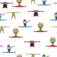 women doing stretching seamless pattern, people in various sport poses on white background vector