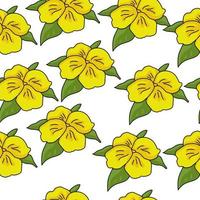 flores de color amarillo brillante patrón sin costuras con cuatro pétalos y varias hojas, flores silvestres simples sobre un fondo blanco vector