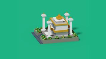 imágenes de animación de construcción de mezquitas giratorias usando estilo voxel. con esquema de color dorado, verde y blanco video